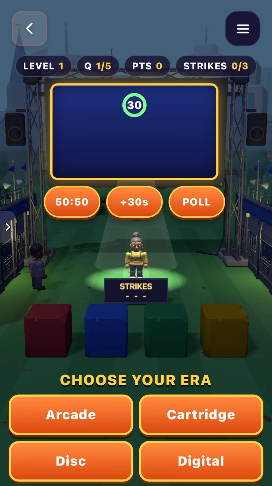 Retro Quiz Show after edit 2: Choose your era with buttons for Arcade, Cartridge, Disc and Digital
