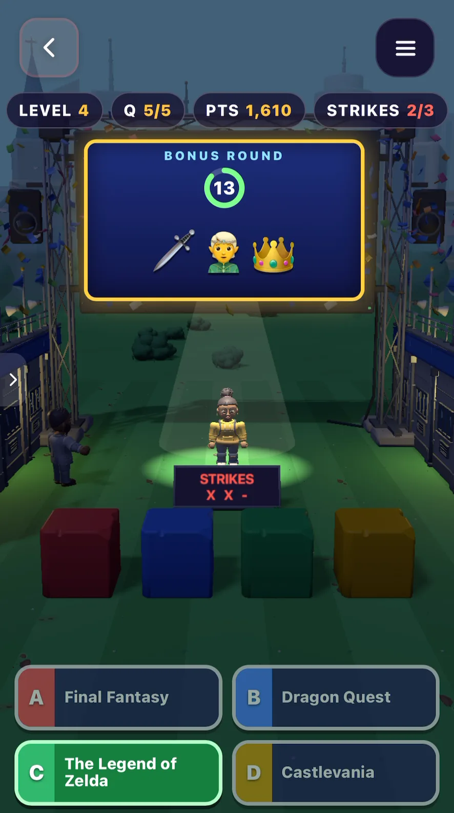Retro Quiz Show bonus round after edit 2: three big emoji clues for The Legend of Zelda
