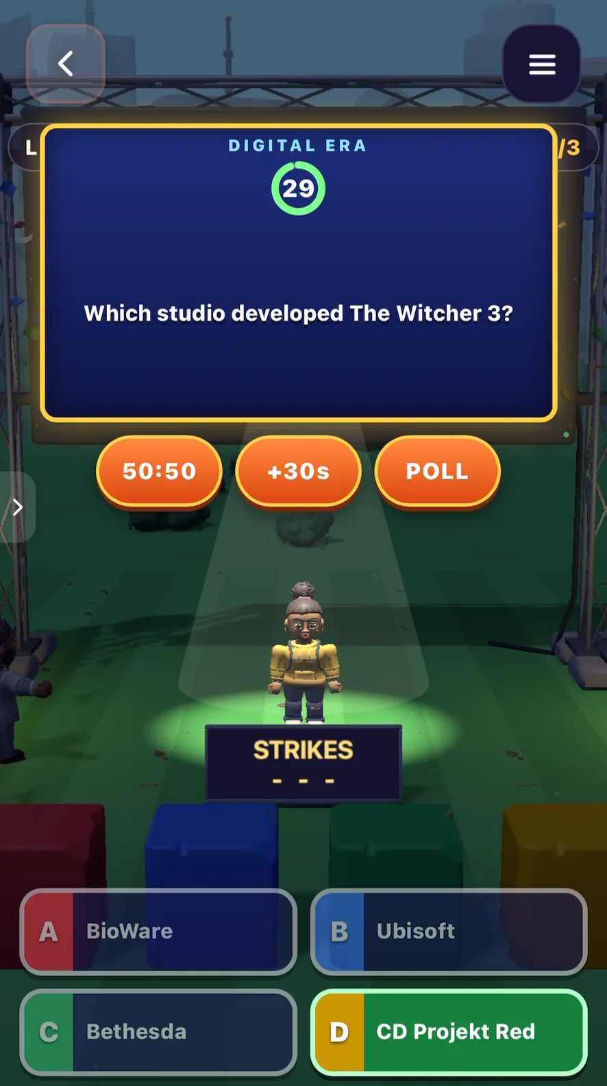 Retro Quiz Show in the Digital era: the wider question board covers the score bar at the top