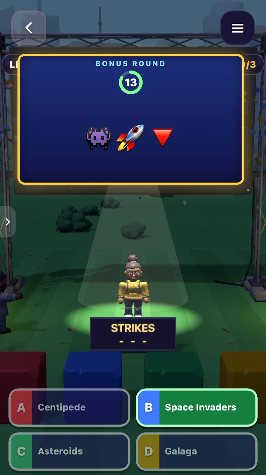 Retro Quiz Show bonus round with three big emoji clues: an alien, a rocket and a red arrow, and Space Invaders marked as the right answer