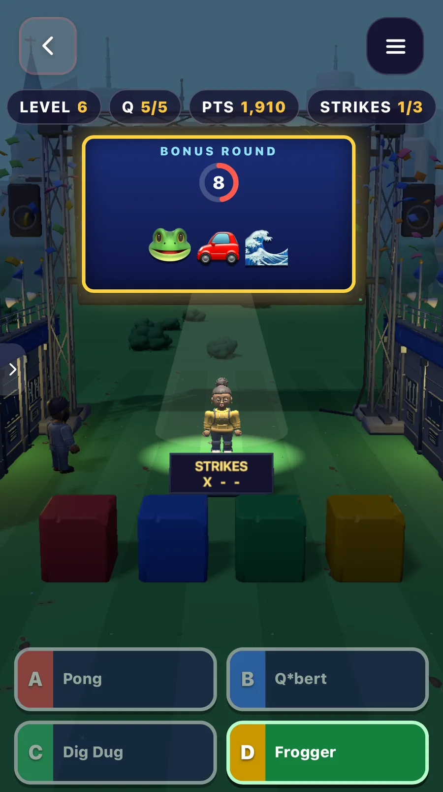Retro Quiz Show after edit 3: the score bar is visible again, and the bonus round shows a frog, a car and waves, with Frogger as the right answer