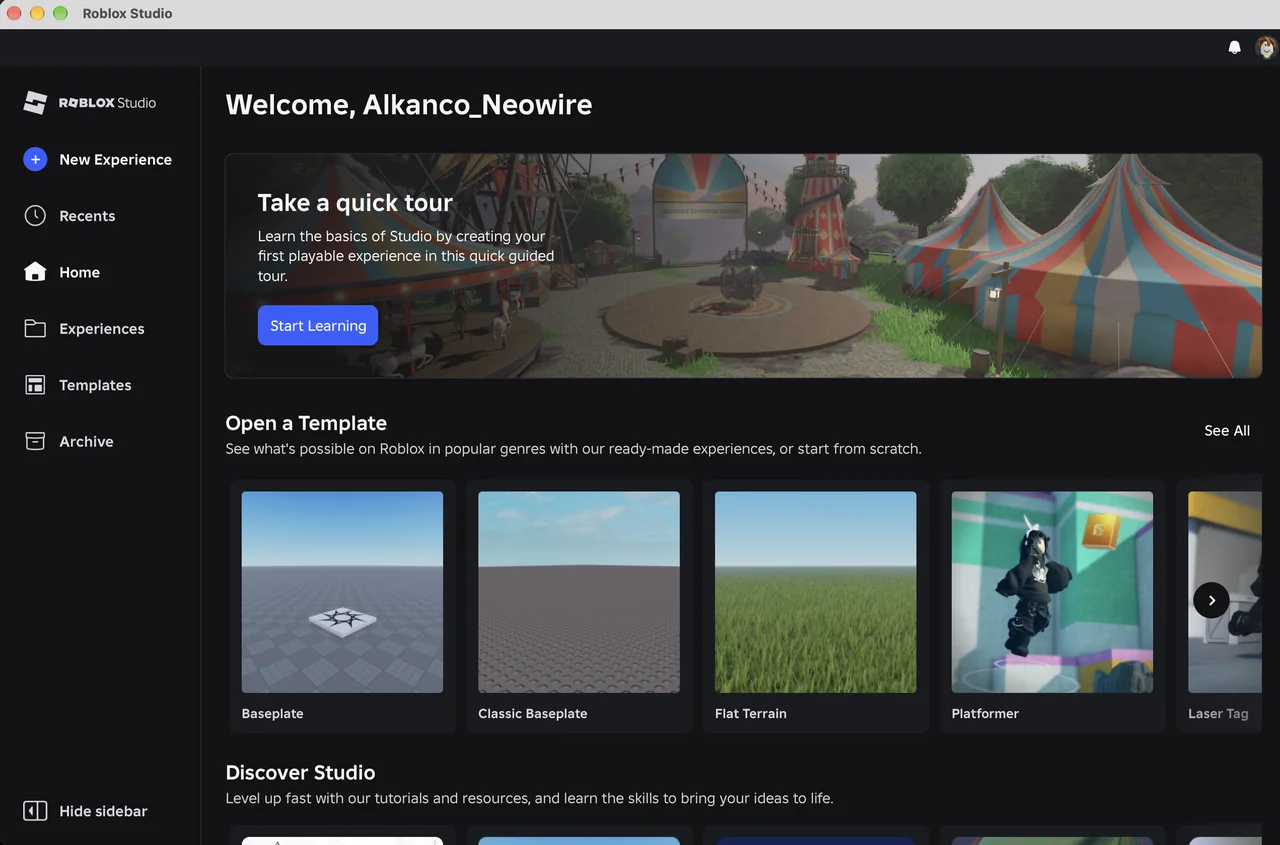 The Roblox Studio home screen with a quick tour and templates