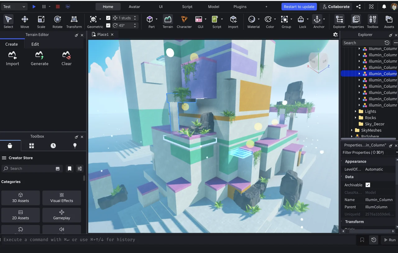 The Platformer template open in Roblox Studio