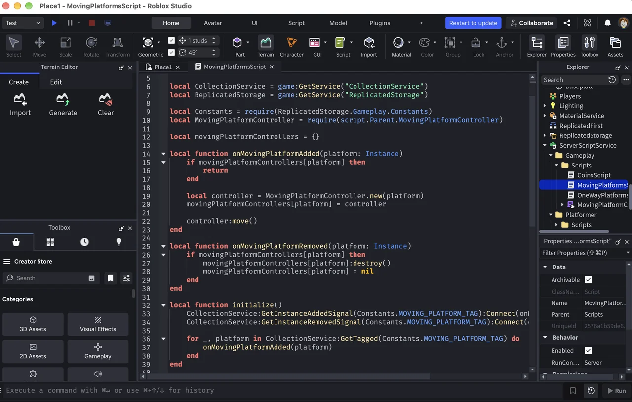 The MovingPlatformsScript from the Platformer template, written in Luau