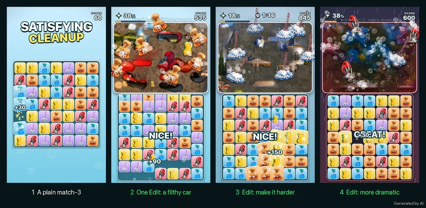 Illustration: four versions of the same cleaning game, from a plain match-3 to a stormy aquarium