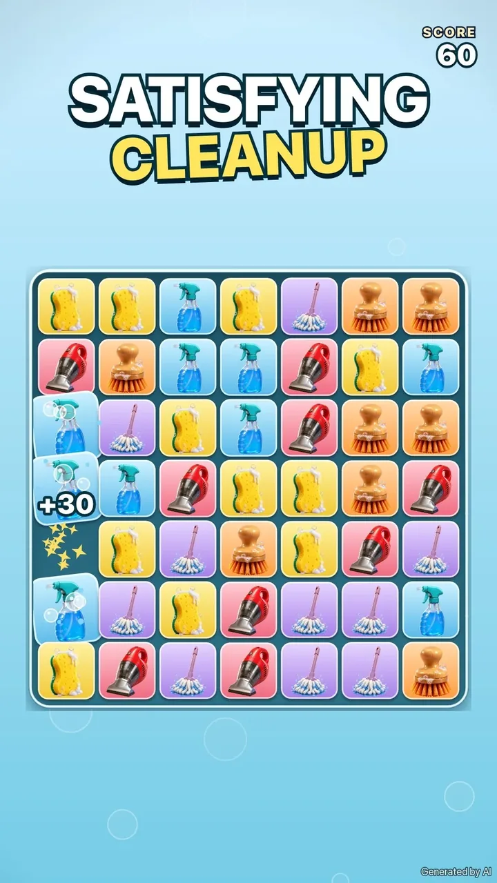 Illustration: version 1, a board of sponges, spray bottles, brushes, vacuums and mops