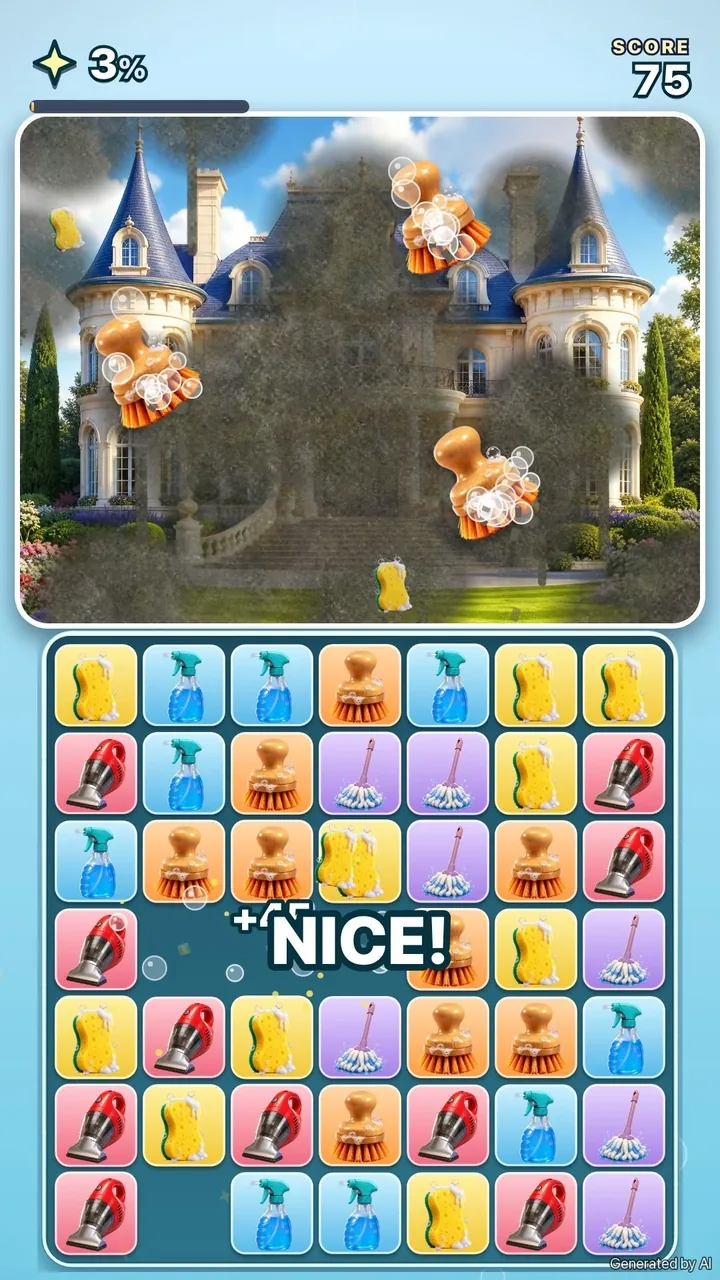 Illustration: a lightly dirty mansion above the match-3 board