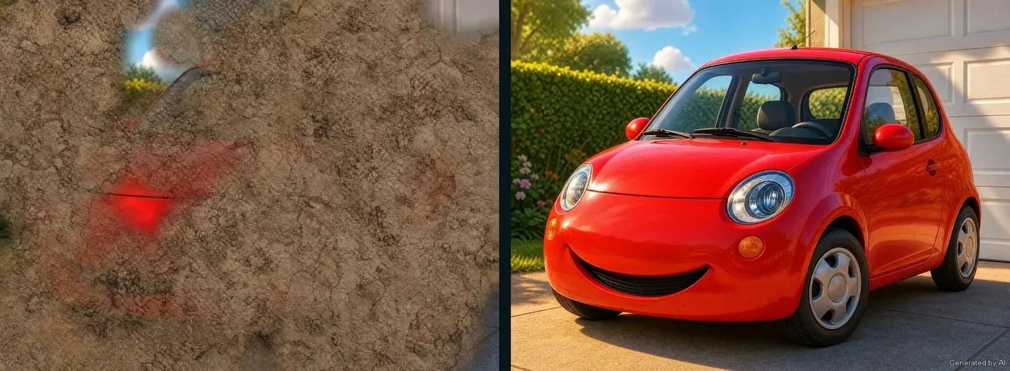 Illustration: the same car before and after cleaning, covered in mud on the left and shiny red on the right