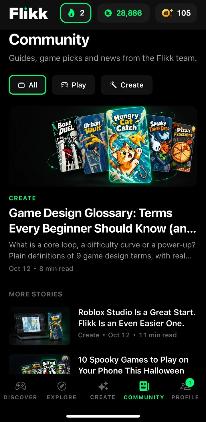The Community tab with guides and game picks from the Flikk team