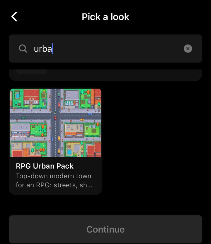 Searching the looks for "urba" finds the RPG Urban Pack, a top-down modern town