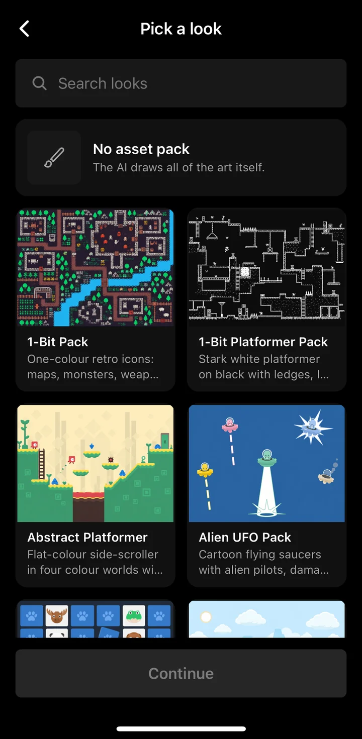 The Pick a look screen: No asset pack, and packs like 1-Bit Pack, Abstract Platformer and Alien UFO Pack
