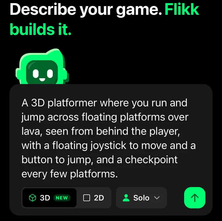 The Flikk Create tab with 3D switched on and the Lava Leap idea typed in