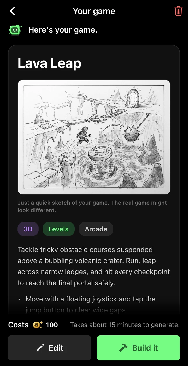 Flikk's game plan for Lava Leap: a pencil sketch of platforms over lava, tags 3D, Levels and Arcade, and the Build it button
