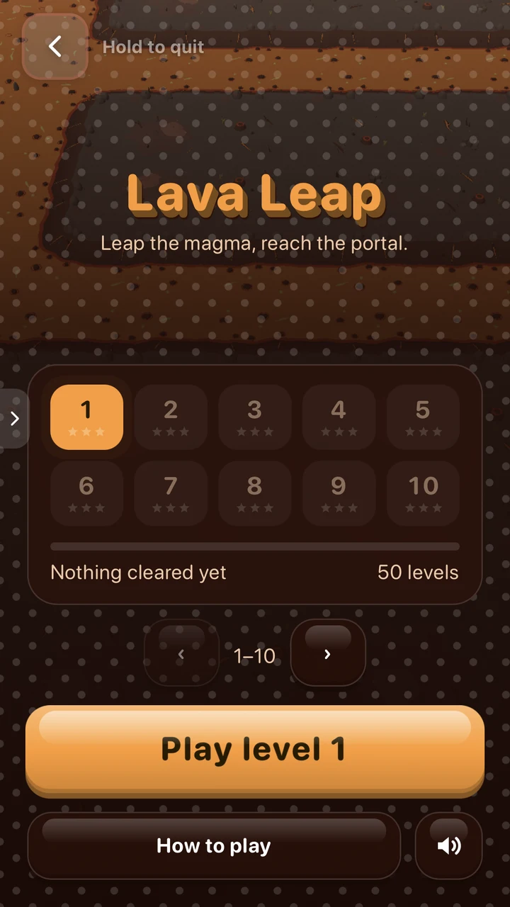 Lava Leap's start screen with a level grid from 1 to 10, 50 levels in total, and a Play level 1 button