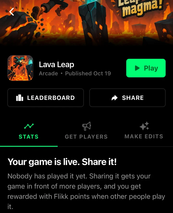Lava Leap's game page: Your game is live. Share it!