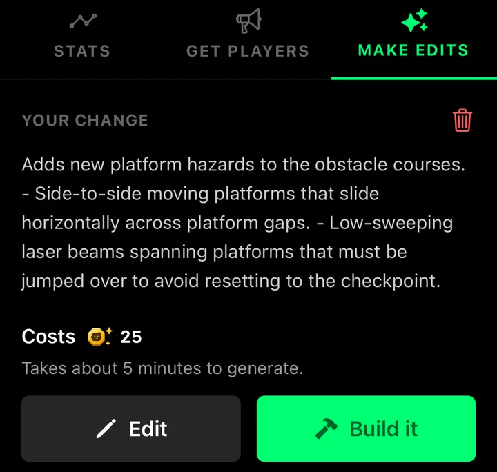 Flikk's edit plan: moving platforms and low-sweeping laser beams, 25 Tokens, about 5 minutes