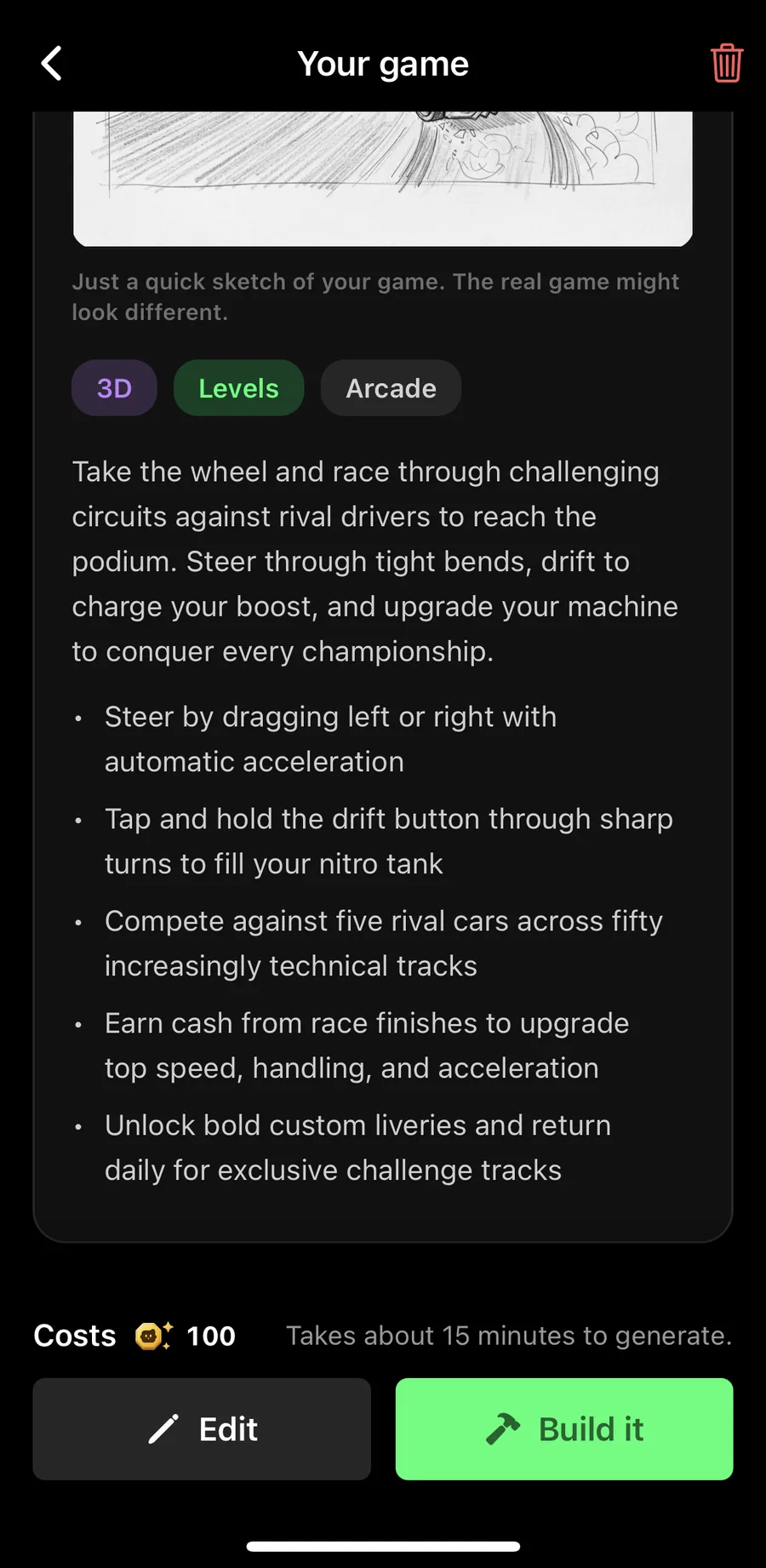 The game plan for Turbo Circuit: drag to steer, a drift button that fills a nitro tank, five rivals, fifty tracks and upgrades