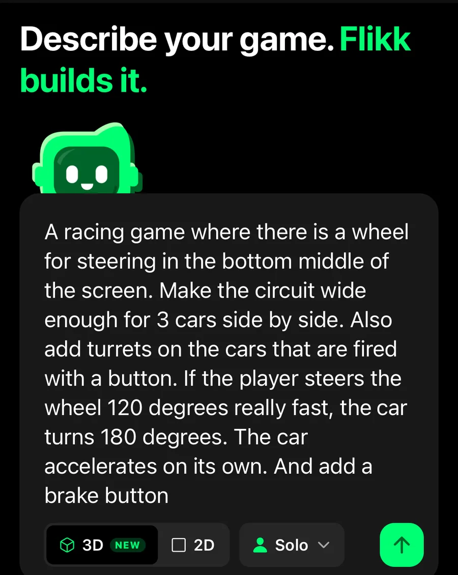 The Flikk Create tab with the detailed racing prompt typed in, 3D switched on