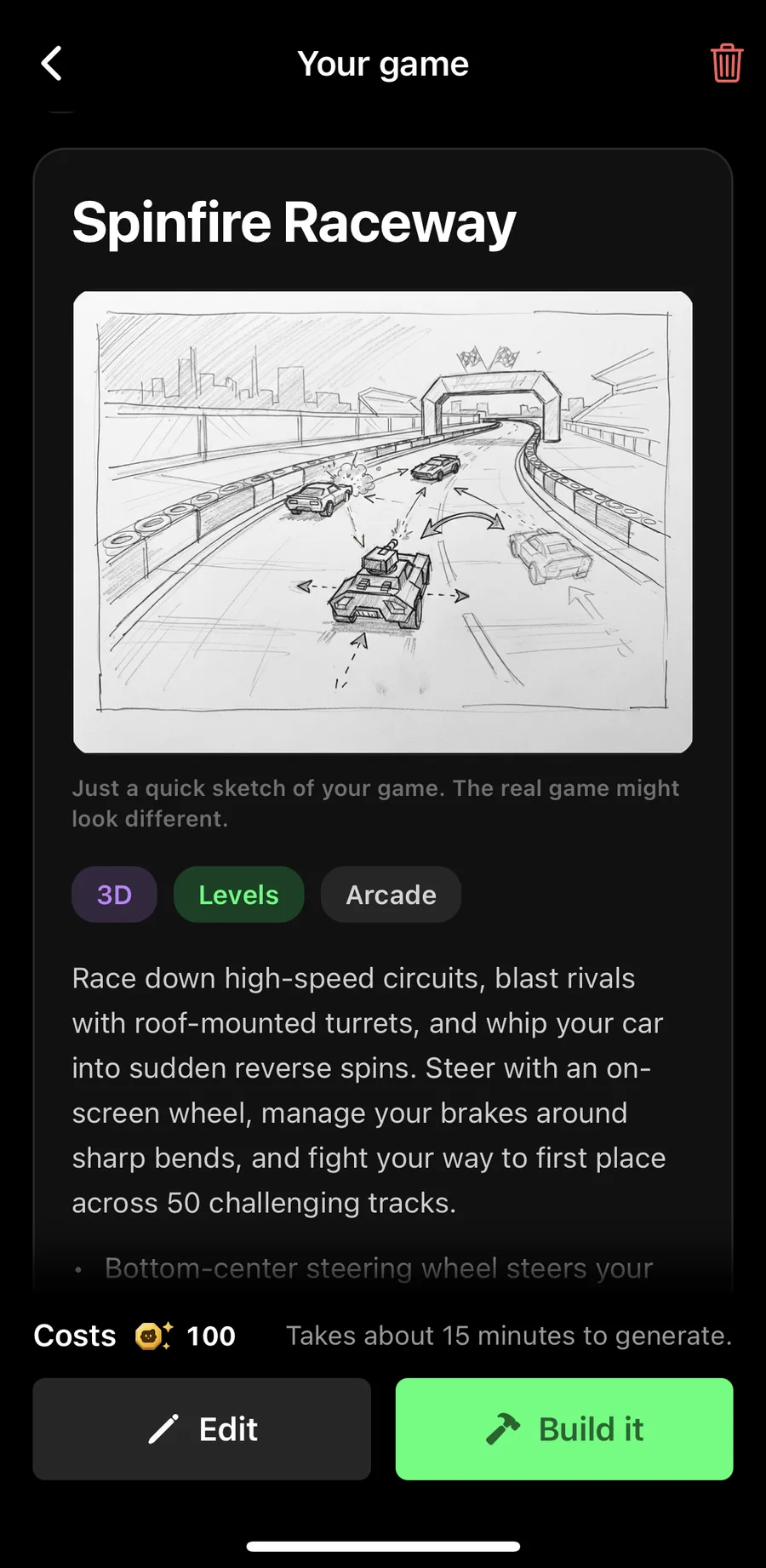 The game plan sketch for Spinfire Raceway: cars with roof turrets on a wide track, one car spinning around