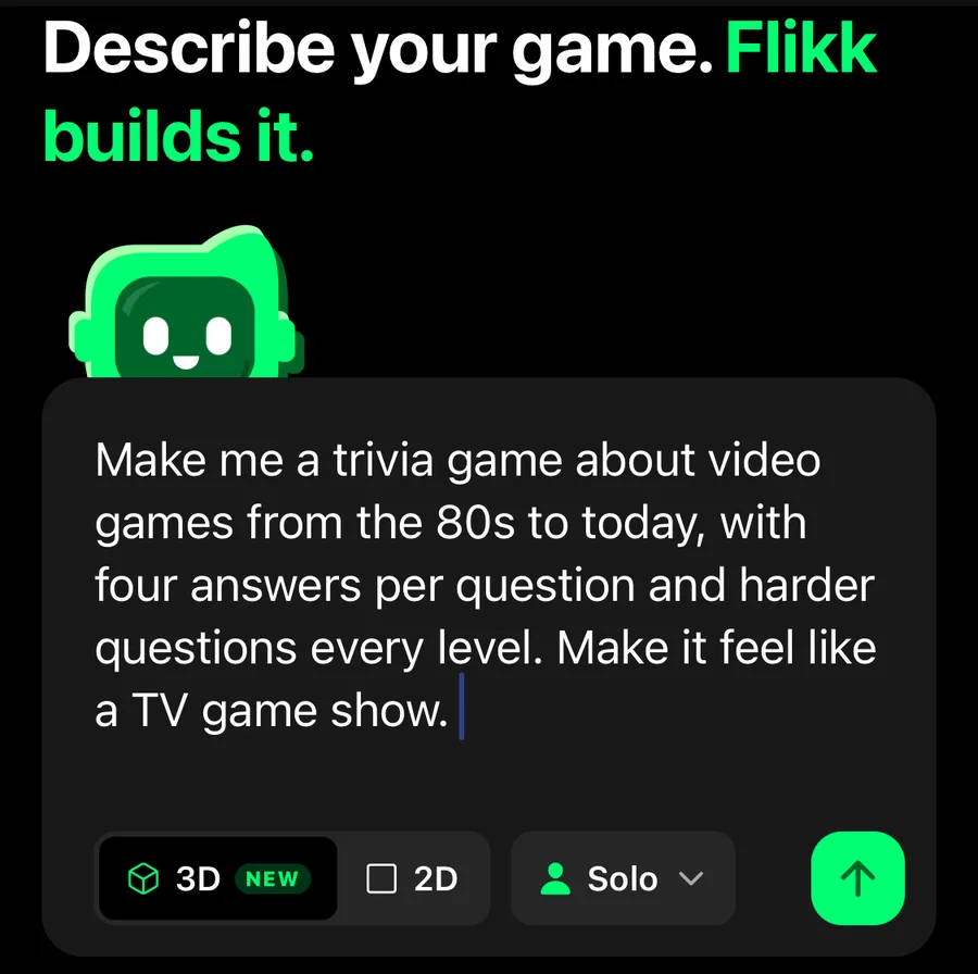 The Flikk Create tab with 3D switched on and the trivia game idea typed in