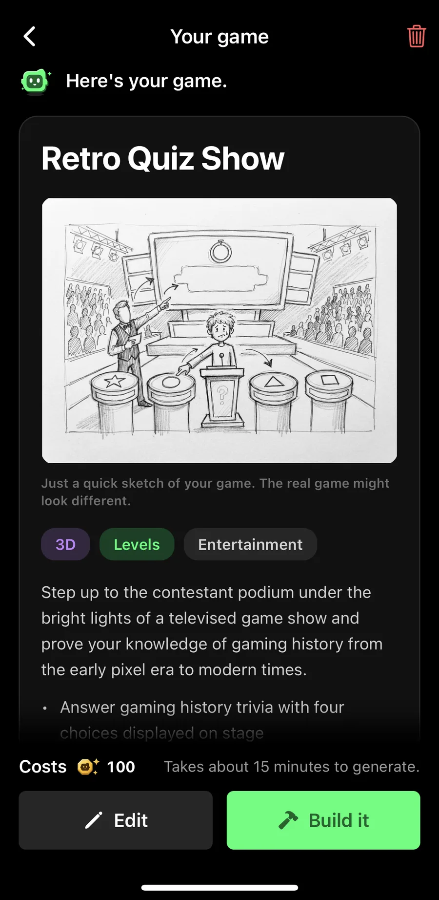 The companion's game plan for Retro Quiz Show: a pencil sketch of a game show stage with podiums, tags 3D, Levels and Entertainment