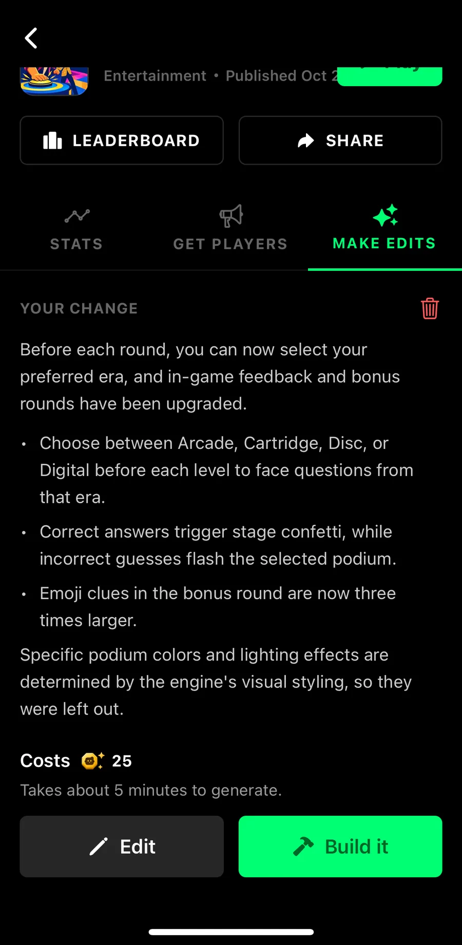 Flikk's edit plan: choose an era before each level, confetti on right answers, three times larger emoji clues, and a note that podium colors and lighting were left out