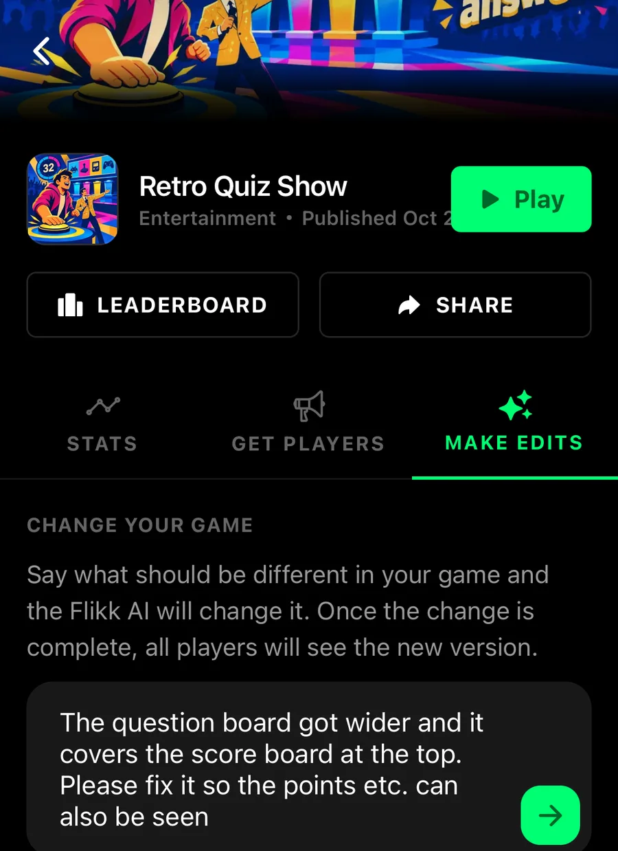 Make Edits on Retro Quiz Show with the request to fix the question board covering the score board