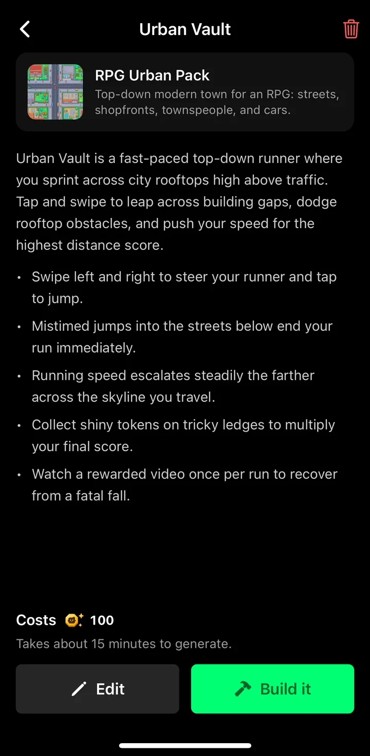 Flikk's game plan for Urban Vault, with Edit and Build it buttons