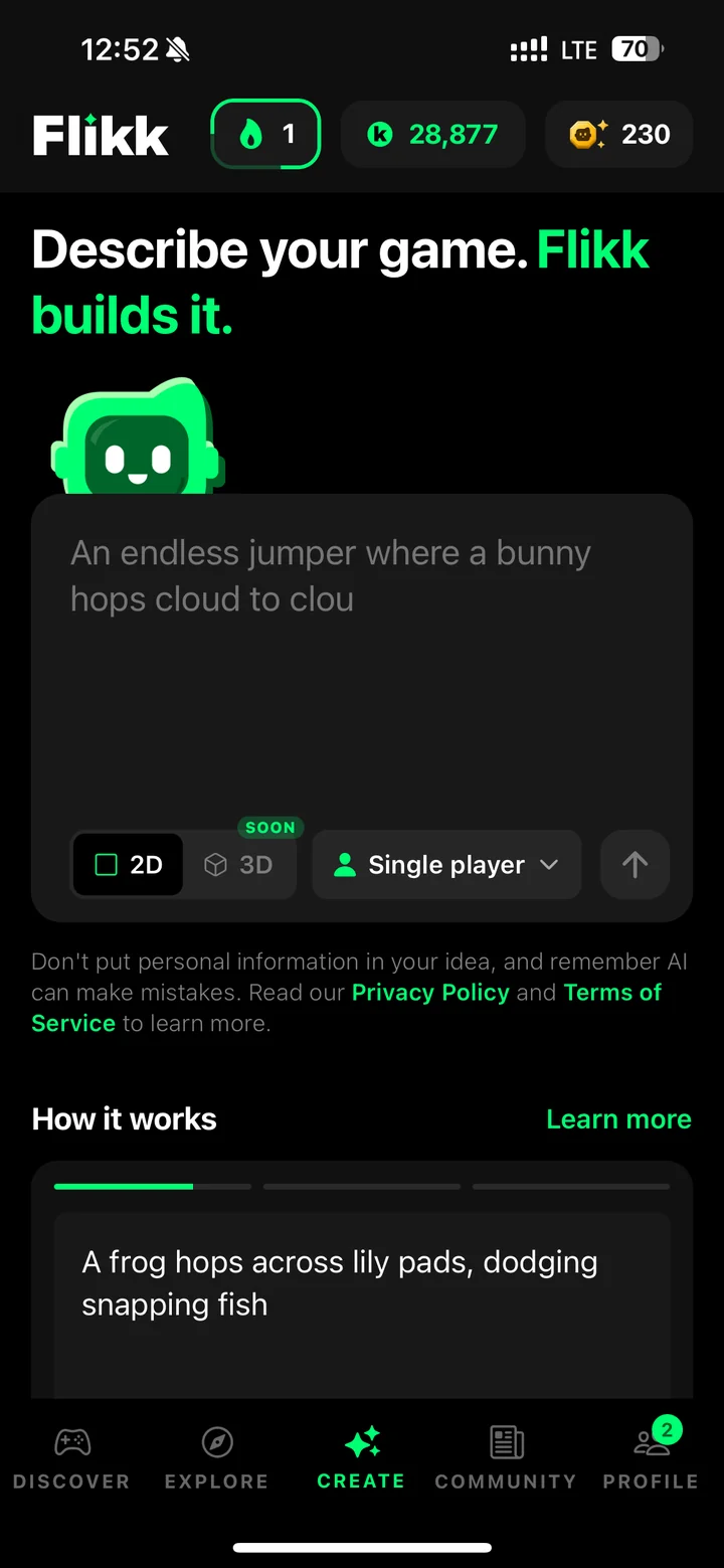 The Flikk Create tab: Describe your game. Flikk builds it.