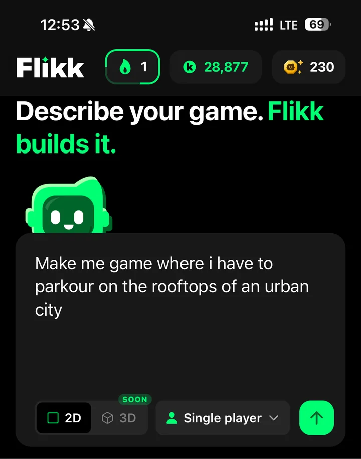 My prompt in the Flikk Create tab: a parkour game on the rooftops of an urban city