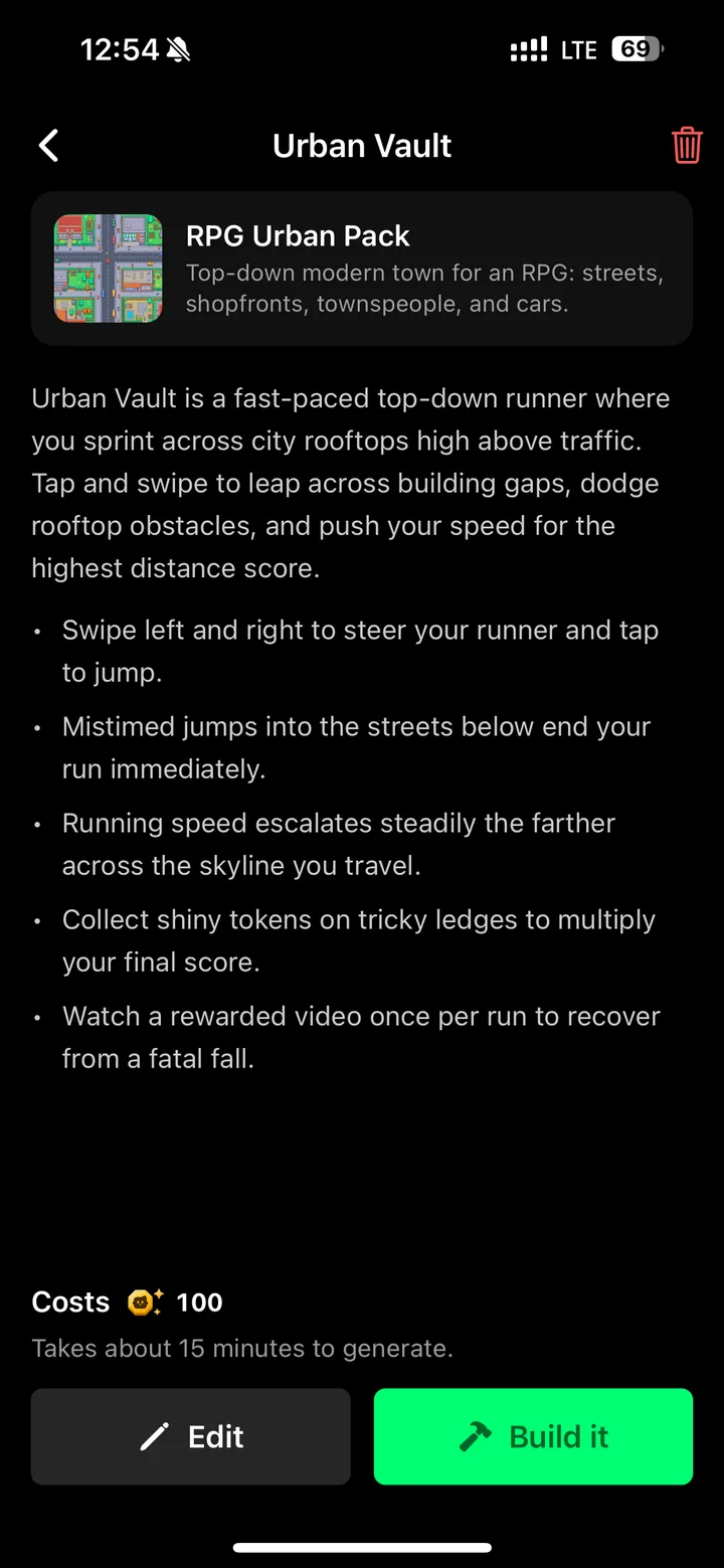 Flikk's game plan for Urban Vault, with the cost and the Build it button
